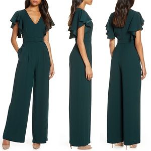 New Eliza J Flutter Sleeve Belted Satin Jumpsuit